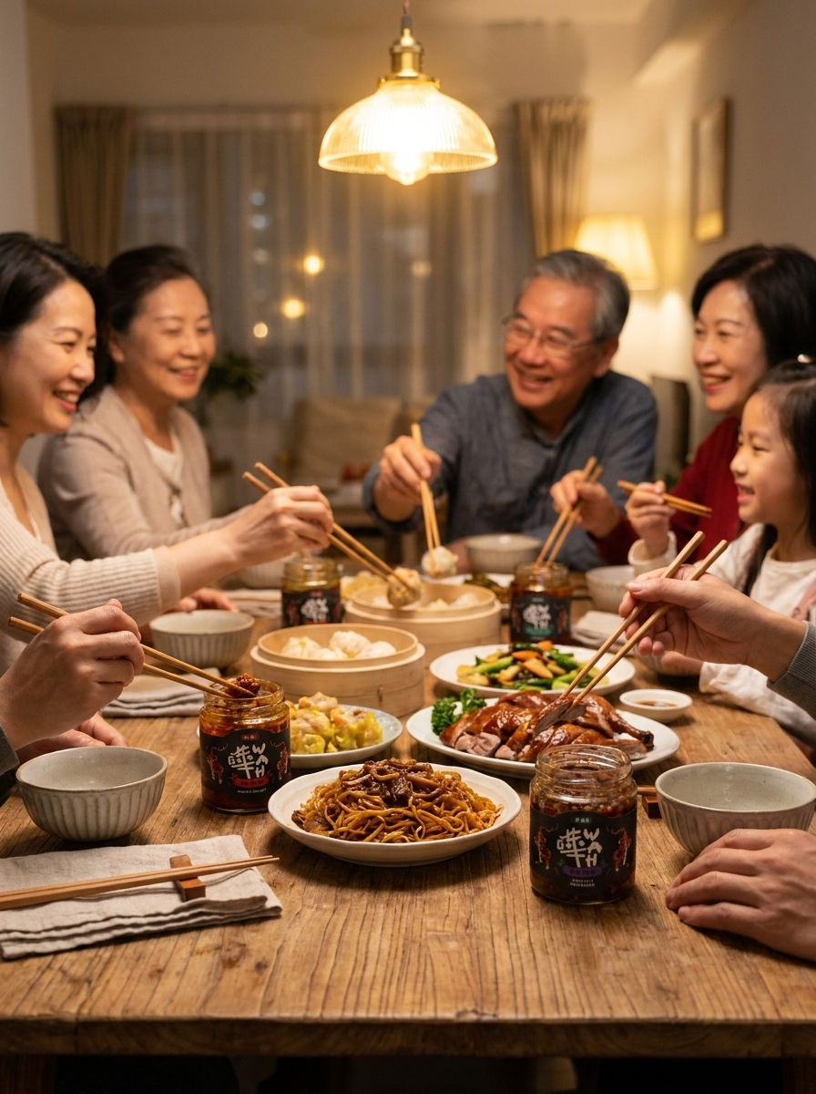 A Cantonese family sharing a meal with WAH XO chilli oil jars on the table.