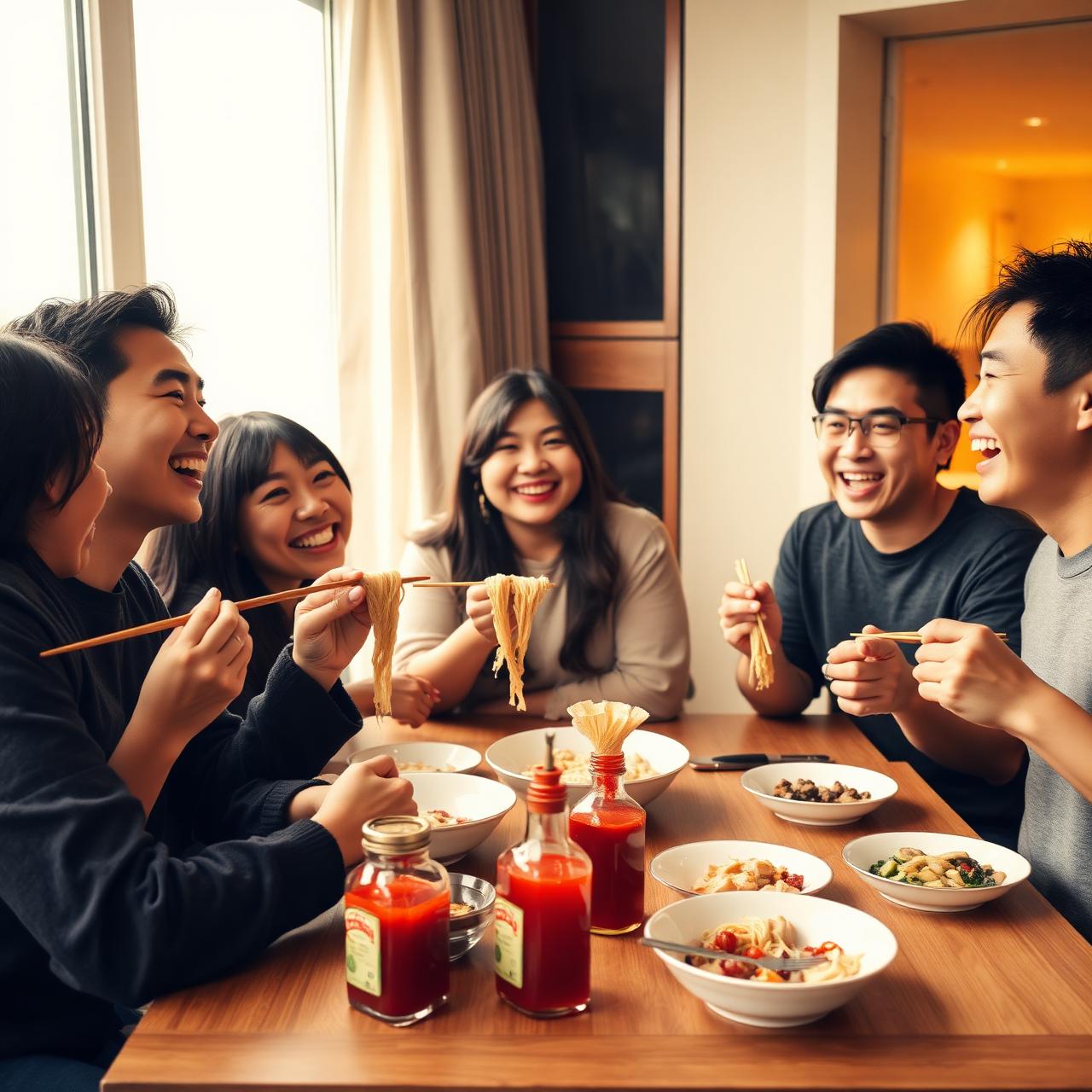 Modern Cantonese friends laughing around a dinner table sharing noodles and WAH chilli oil.